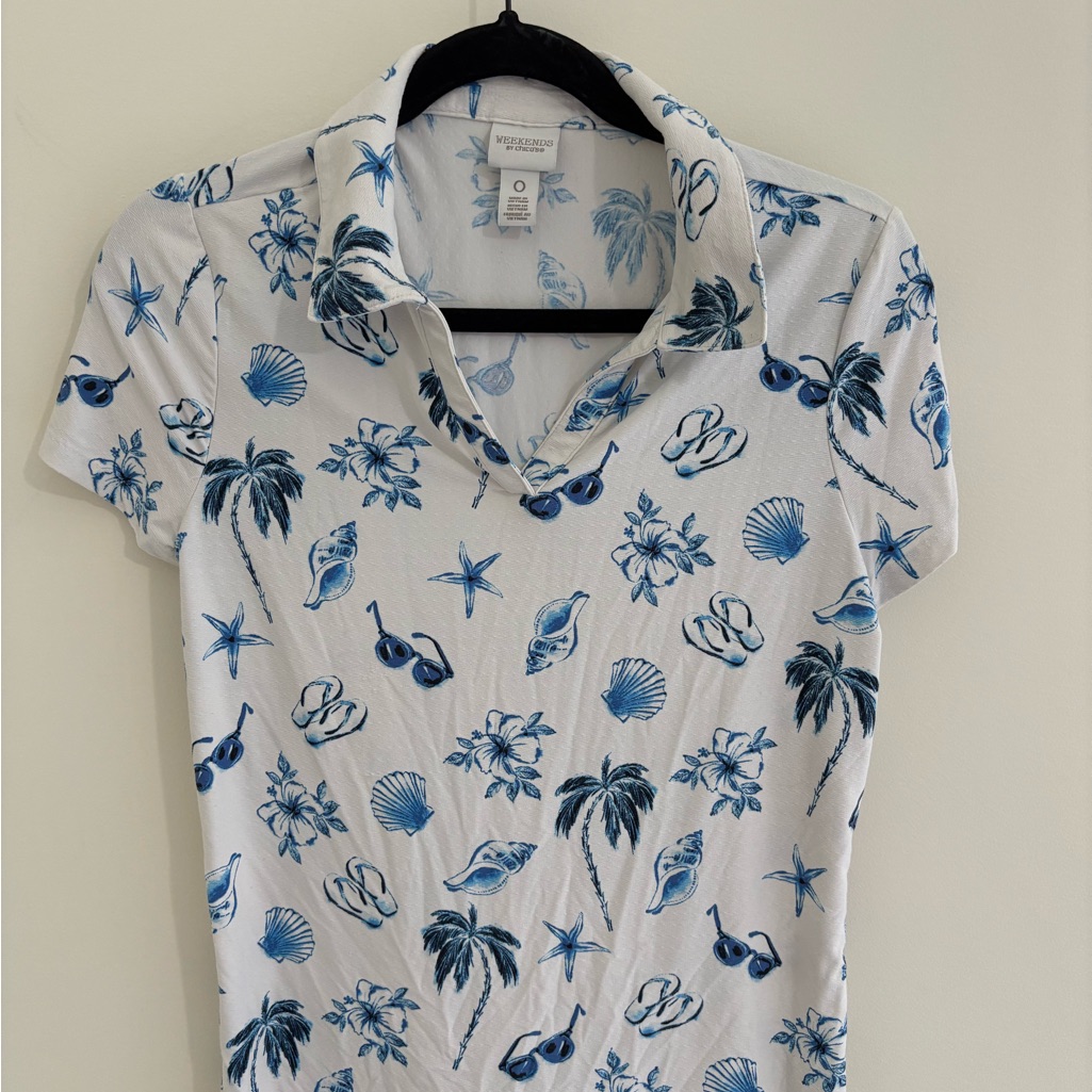 Chico's White And Blue Fitted Polo Button Down